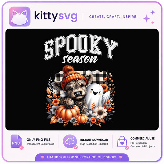 Spooky Season Highland Cow Ghost PNG, Halloween PNG, Fall PNG