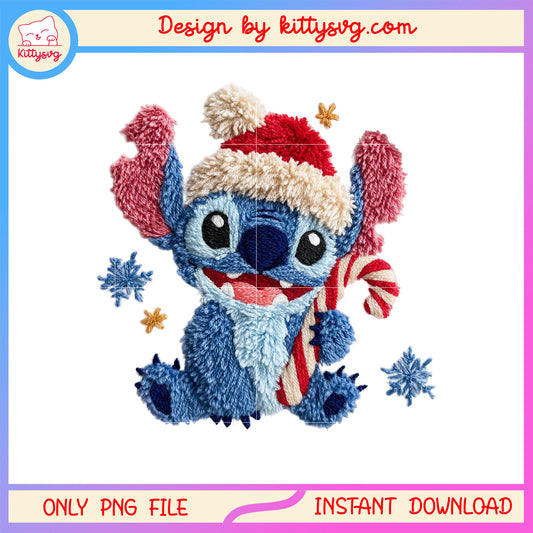 Stitch hand candy cane patchwork png, stitch christmas png