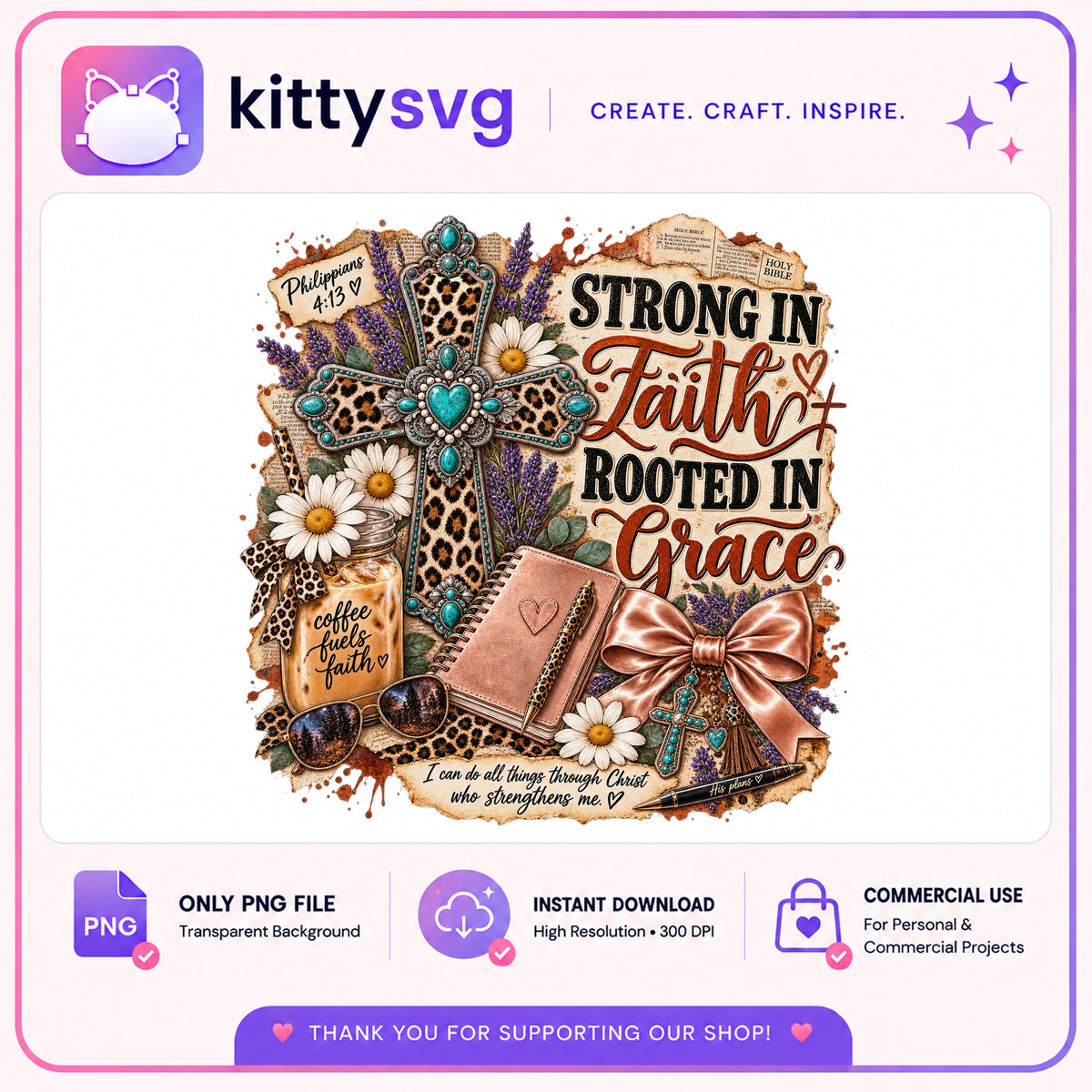 Strong In Faith Rooted In Grace PNG, Leopard Cross PNG, Christian PNG
