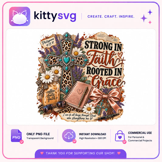 Strong In Faith Rooted In Grace PNG, Leopard Cross PNG, Christian PNG