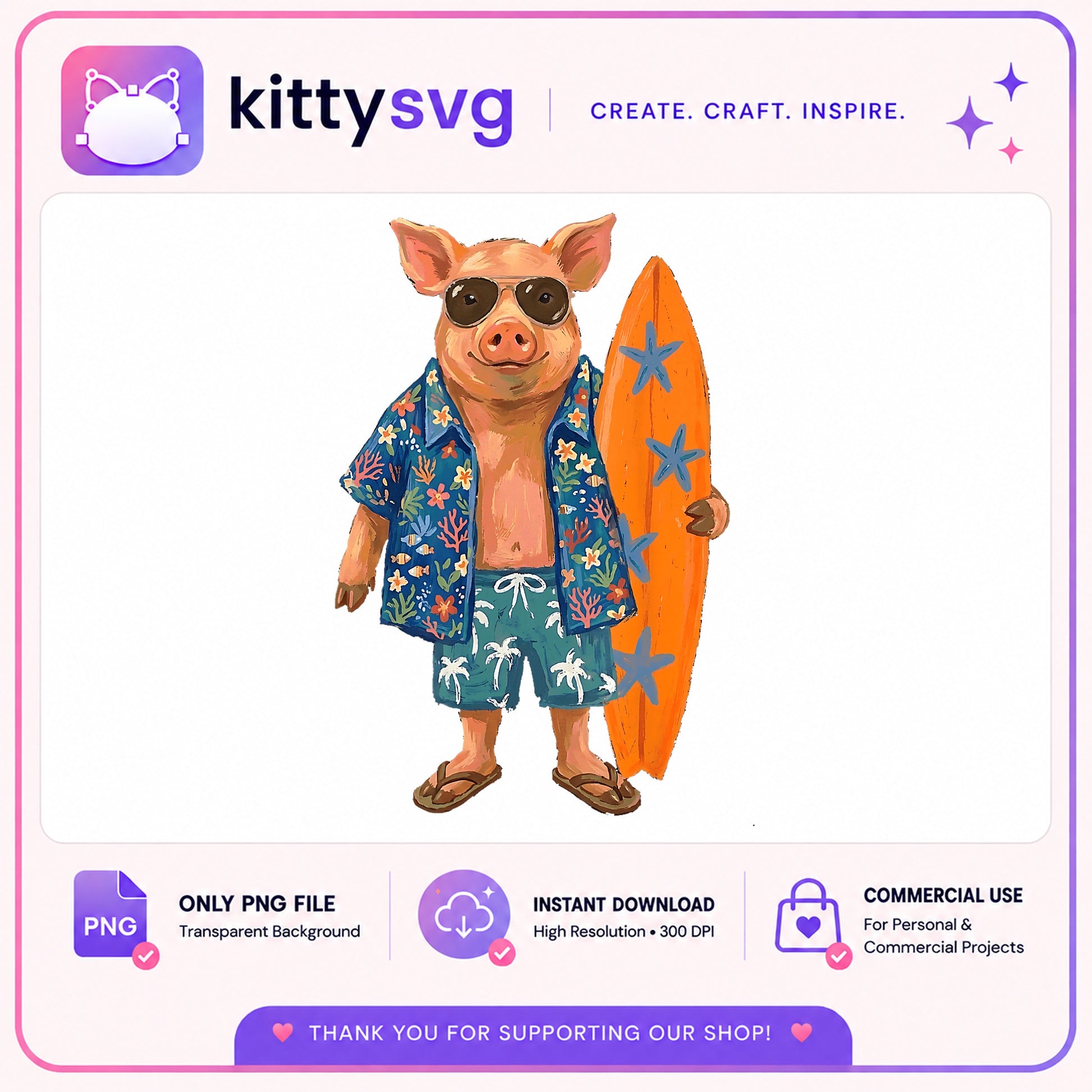 Summer Pig With Surfboard PNG, Beach Pig Clipart, Cute Pig PNG
