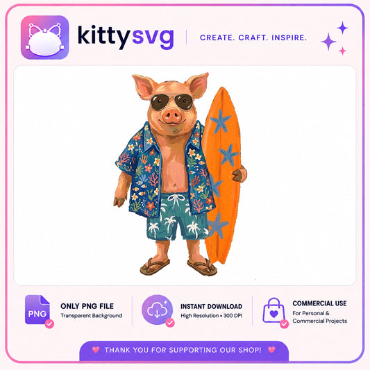 Summer Pig With Surfboard PNG, Beach Pig Clipart, Cute Pig PNG