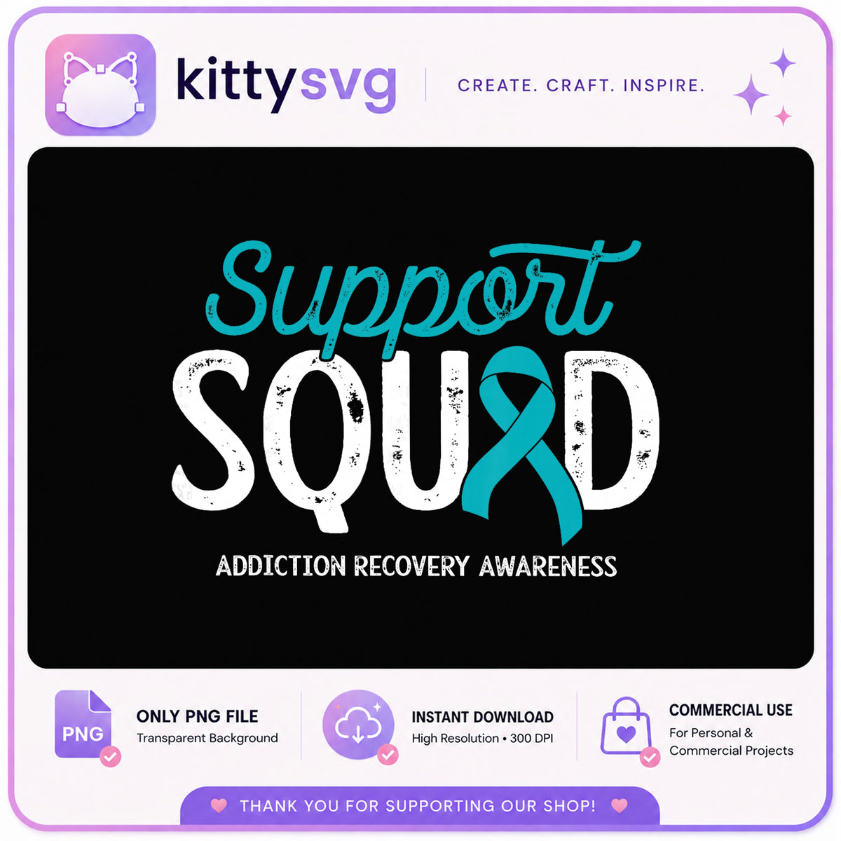 Support Squad Addiction Recovery Awareness PNG, Teal Ribbon PNG, Recovery PNG