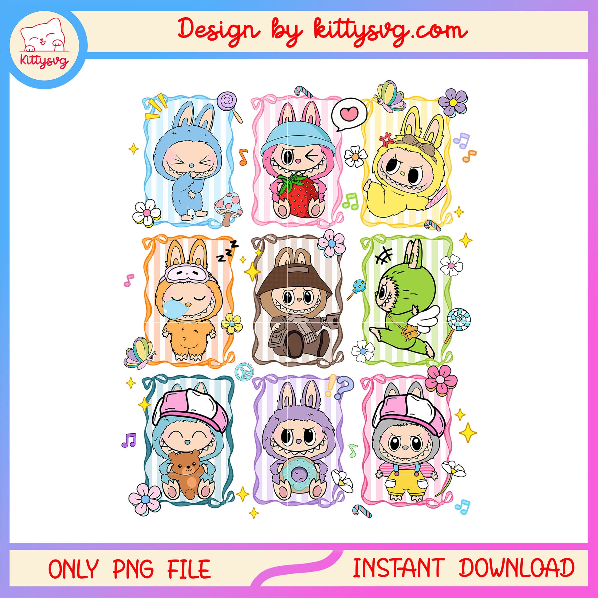 Sweetie food labubu doll costume frame png, the monsters labubu png