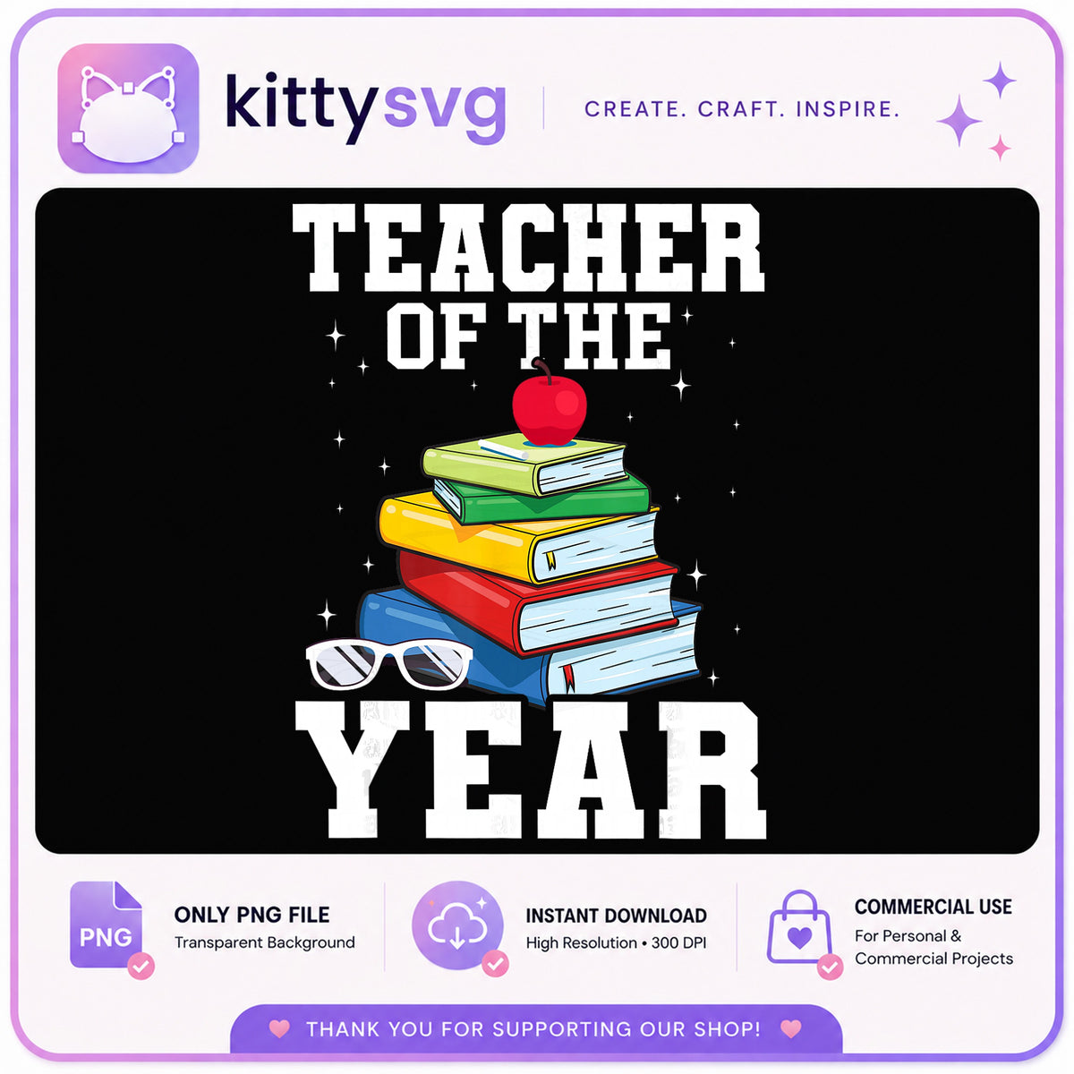 Teacher Of The Year PNG, School Books Apple PNG, Teacher Gift PNG