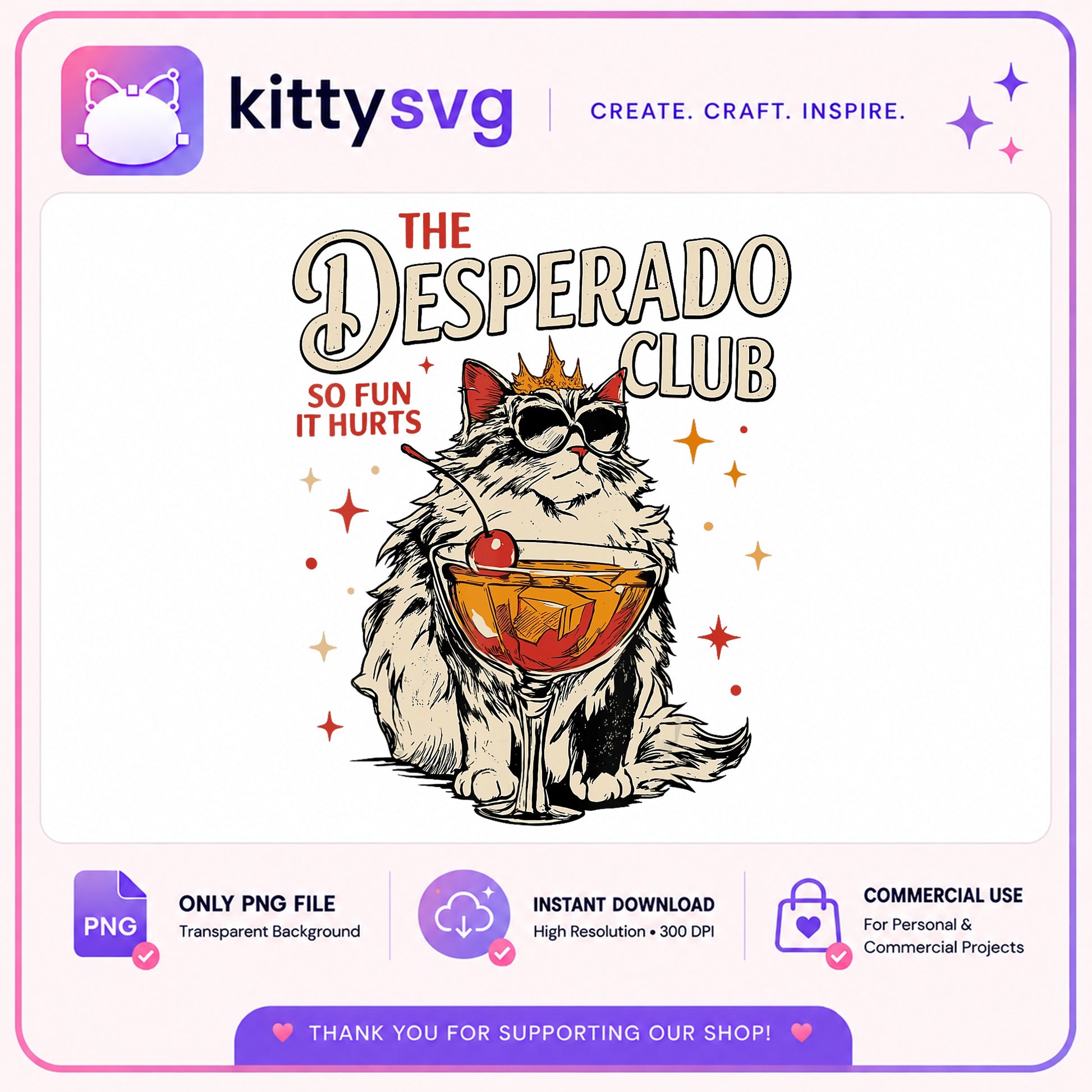 The Desperado Club Funny Cat PNG, Cocktail Cat PNG, Retro Cat PNG