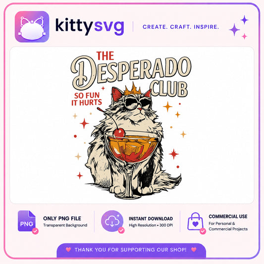 The Desperado Club Funny Cat PNG, Cocktail Cat PNG, Retro Cat PNG
