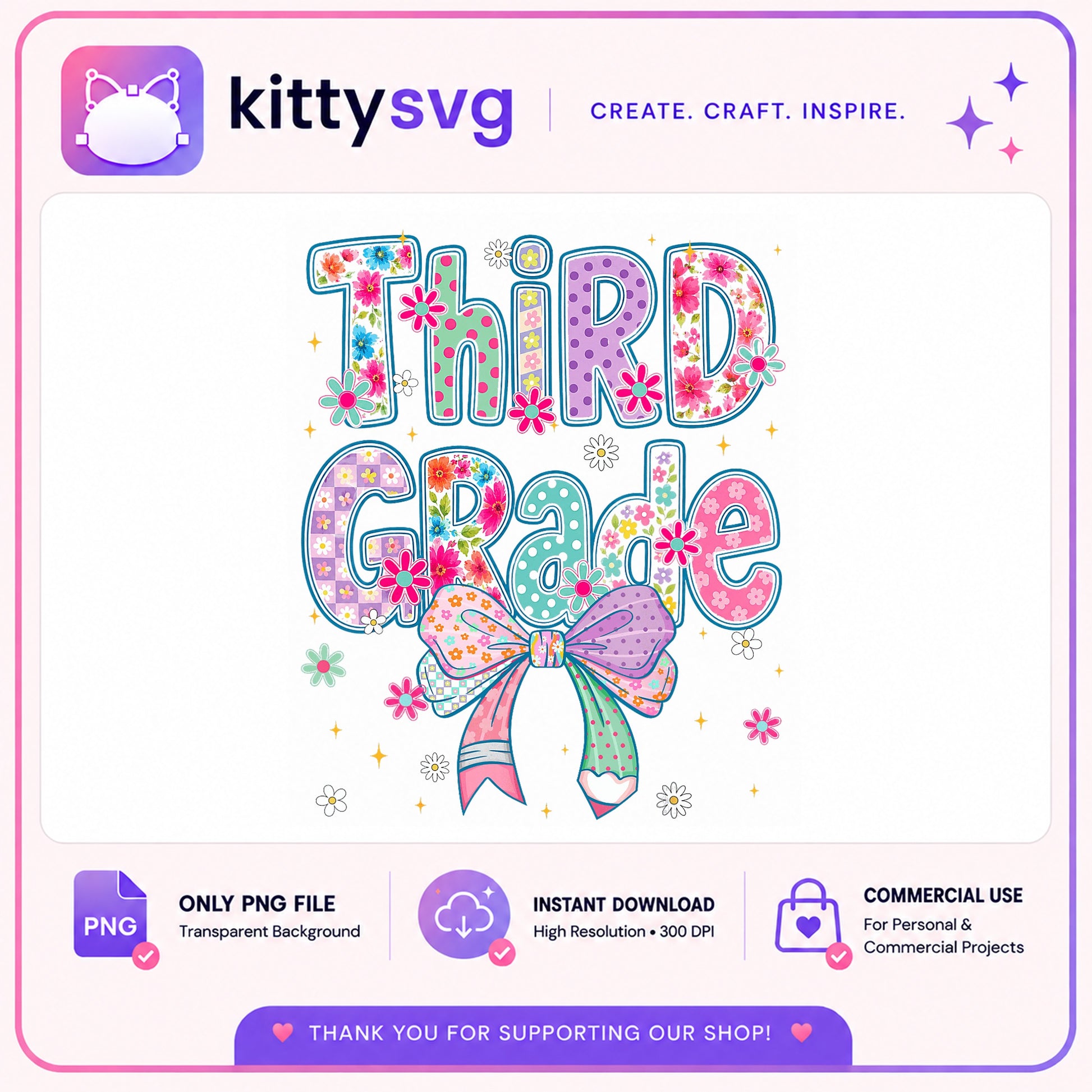 Third Grade Floral Bow PNG, Back To School PNG, 3rd Grade PNG