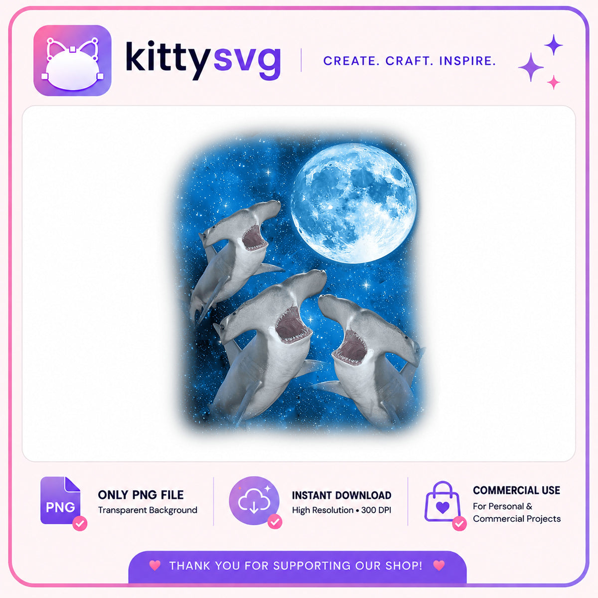 Three Sharks Flying Moon Galaxy PNG, Shark Clipart PNG, Ocean PNG