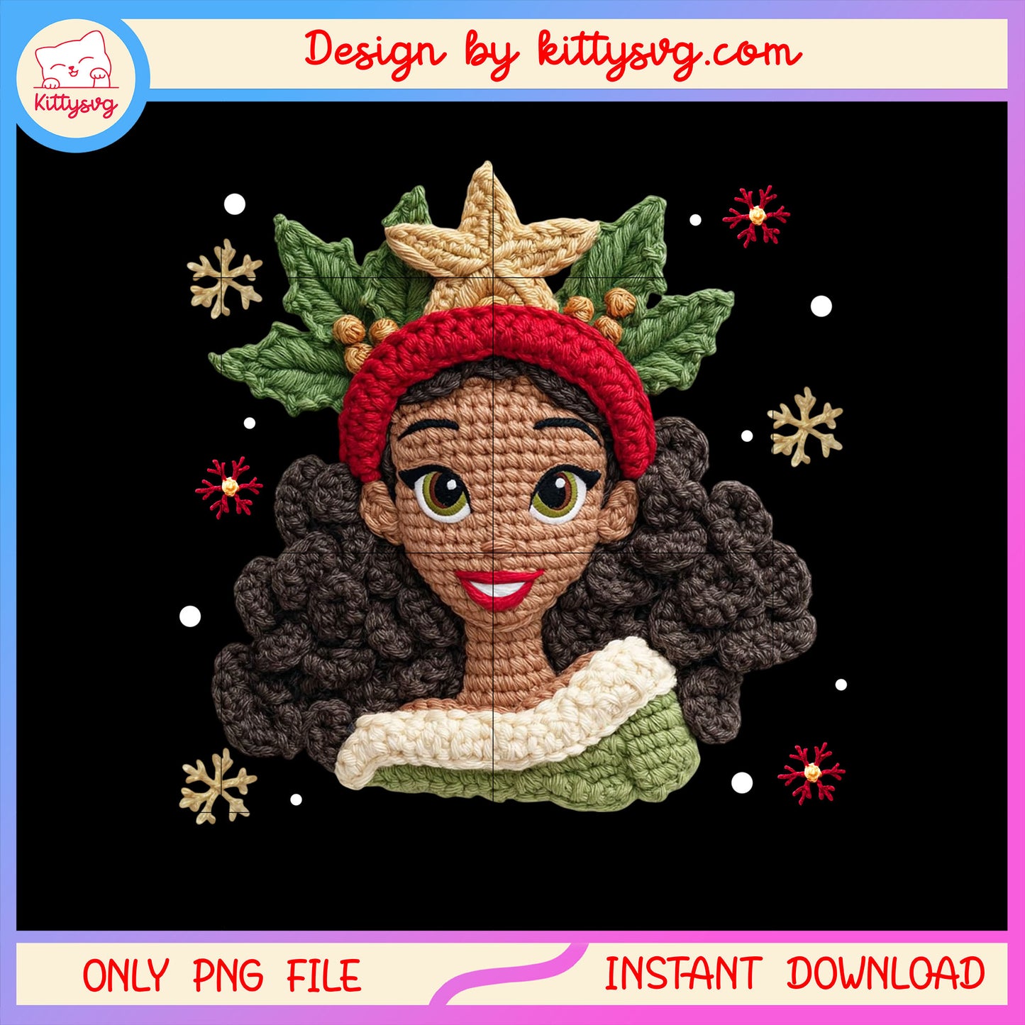 Tiana face christmas patchwork png, disney tiana cartoon png