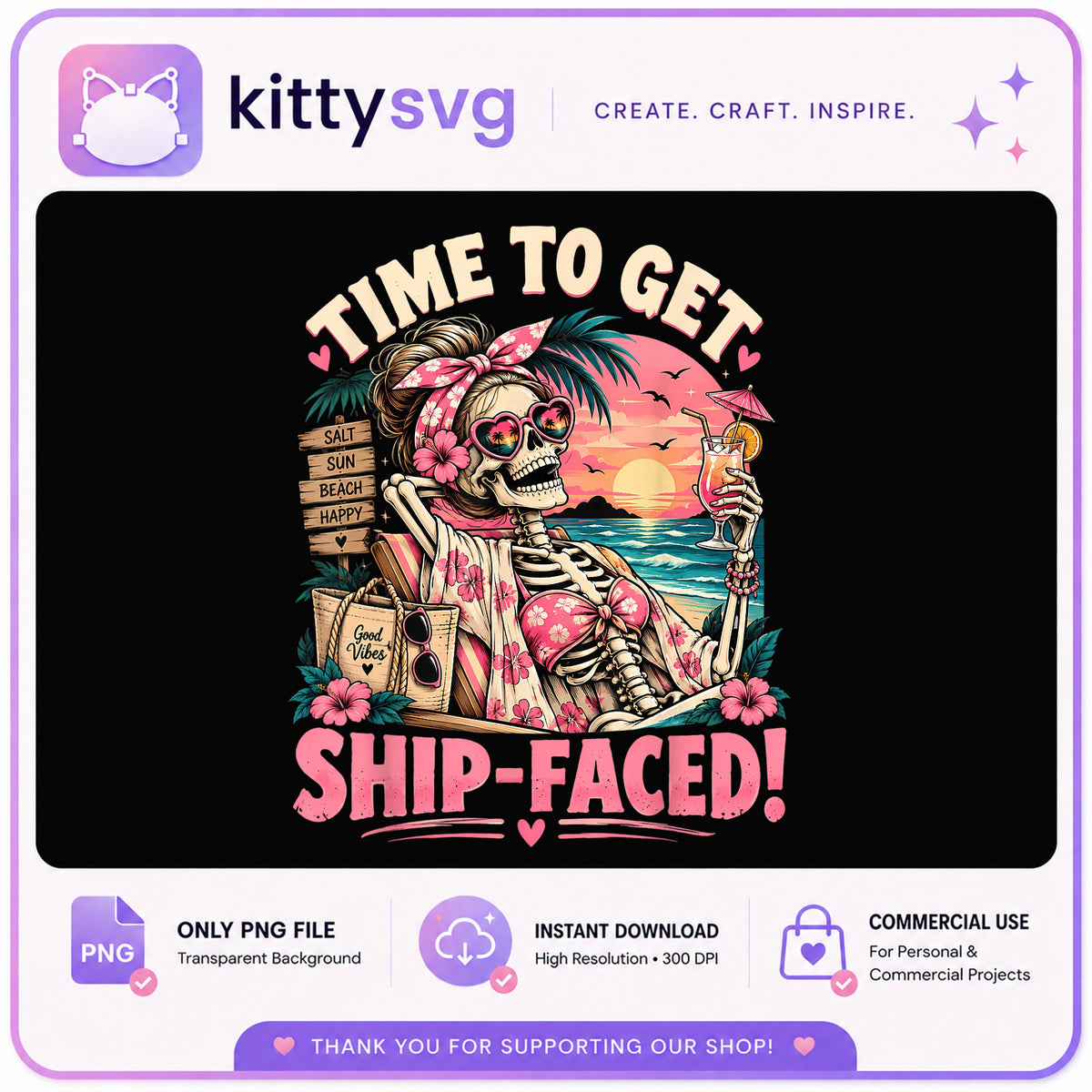 Time To Get Ship Faced Skeleton PNG, Beach Skeleton PNG, Summer PNG