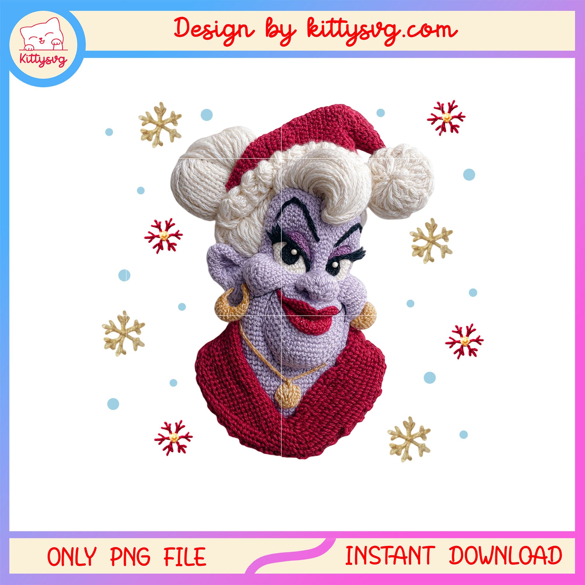 Ursula face christmas patchwork png, ursula disney png