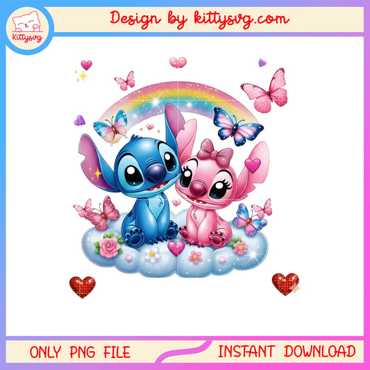 Valentine couple cloud butterfly png, stitch valentines day​​ png