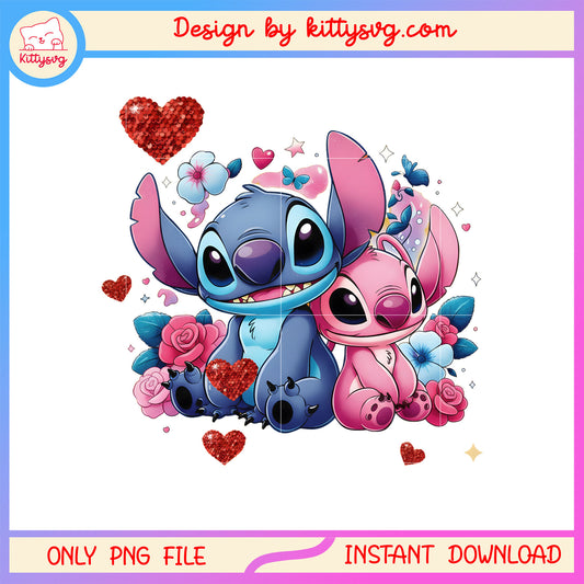 Valentine couple glitter flower png, stitch valentines day​​ png