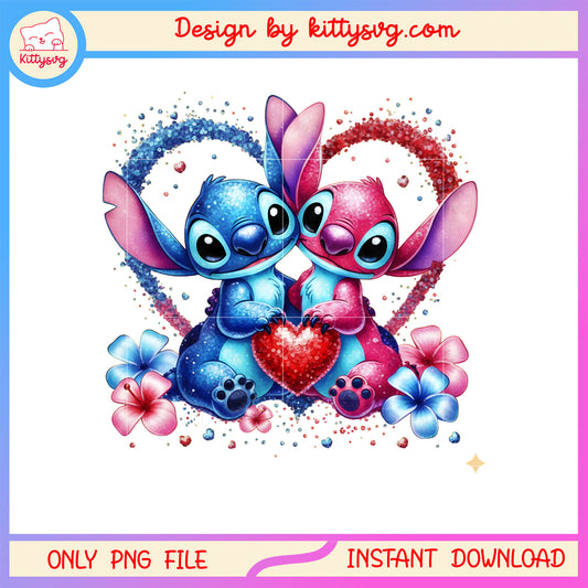 Valentine flower glitter couple png, stitch valentines day​​ png