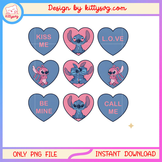 Valentine hearts design couple png, stitch valentines day​​ png
