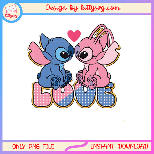 Valentine pink love couple png, stitch valentines day​​ png