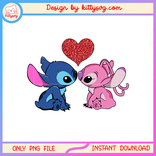 Valentine red glitter couple png, stitch valentines day​​ png