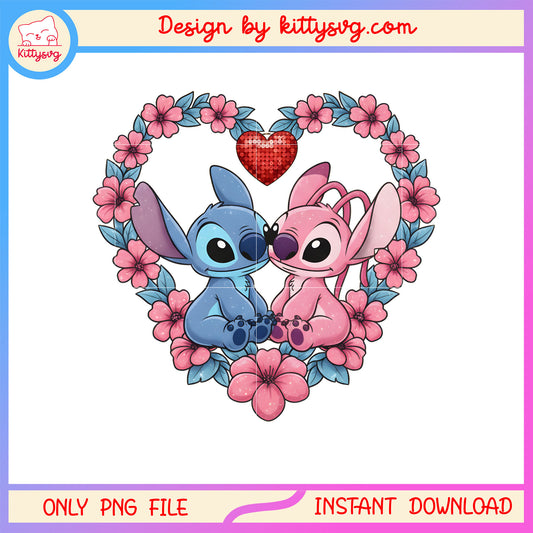 Valentine stitch flower heart png, stitch valentines day​​ png