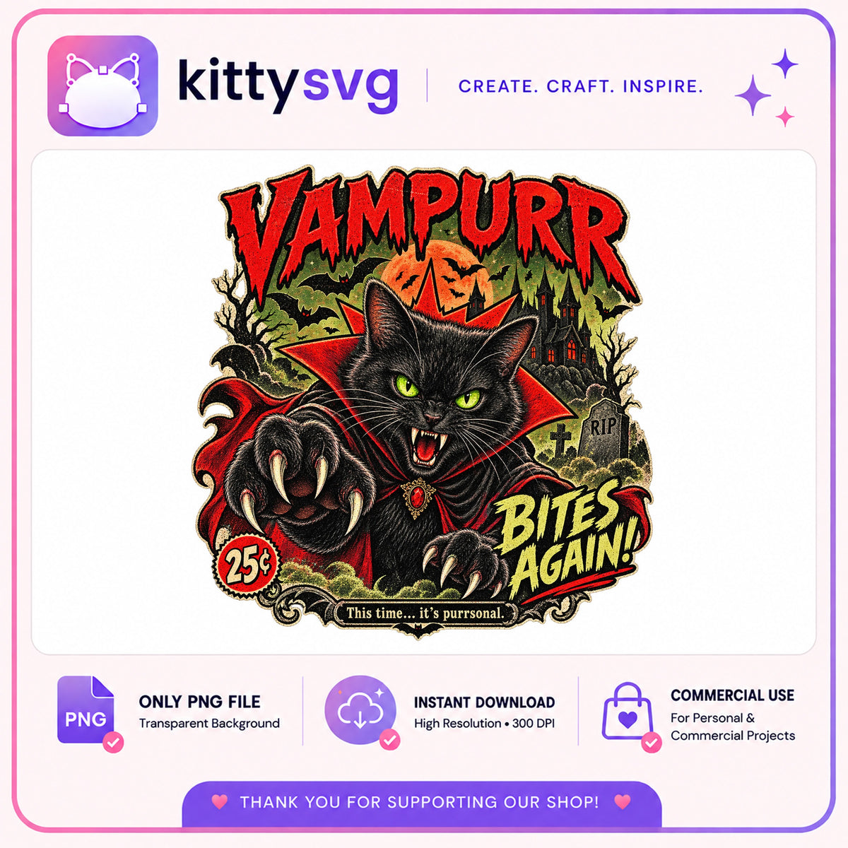 Vampurr Bites Again Halloween Black Cat PNG, Vampire Cat PNG, Spooky Cat PNG