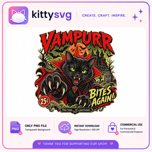 Vampurr Bites Again Halloween Black Cat PNG, Vampire Cat PNG, Spooky Cat PNG