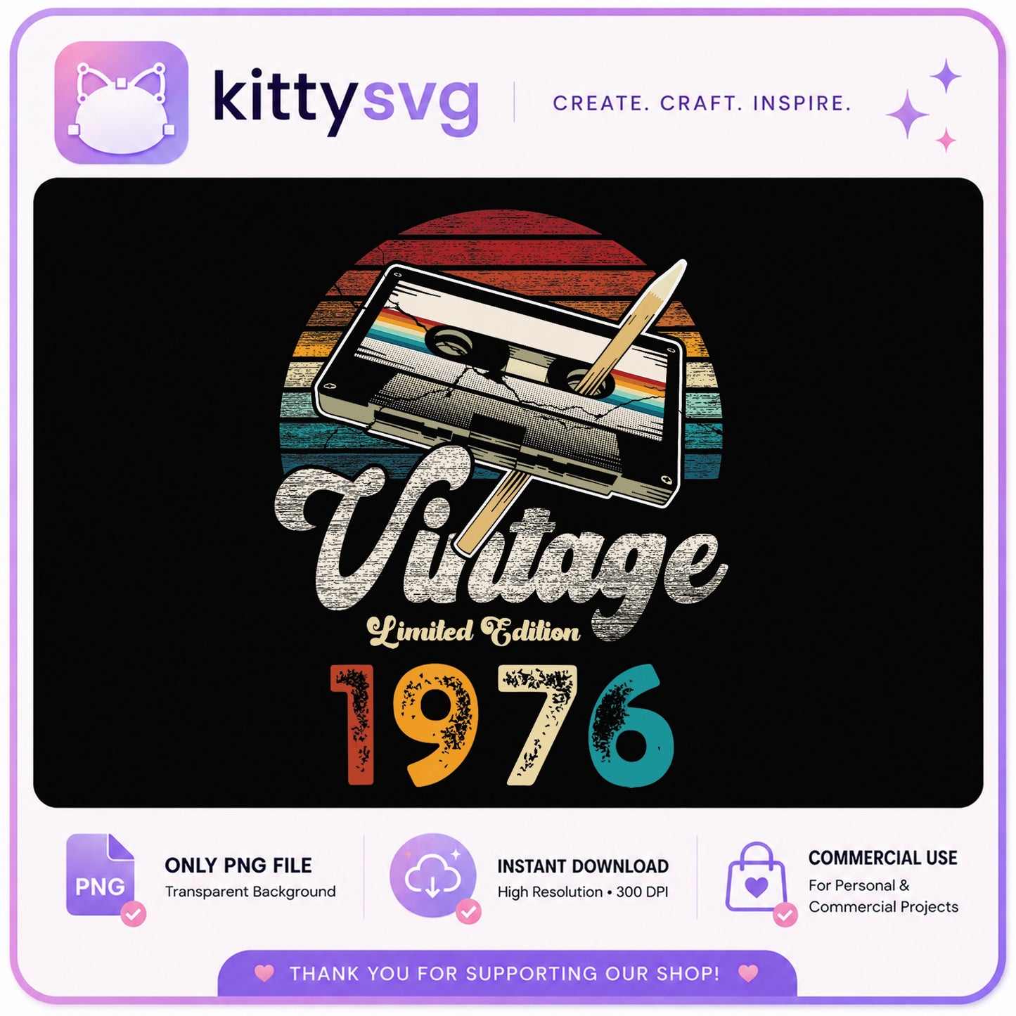 Vintage 1976 Limited Edition PNG, Retro Cassette Tape PNG, Birthday PNG