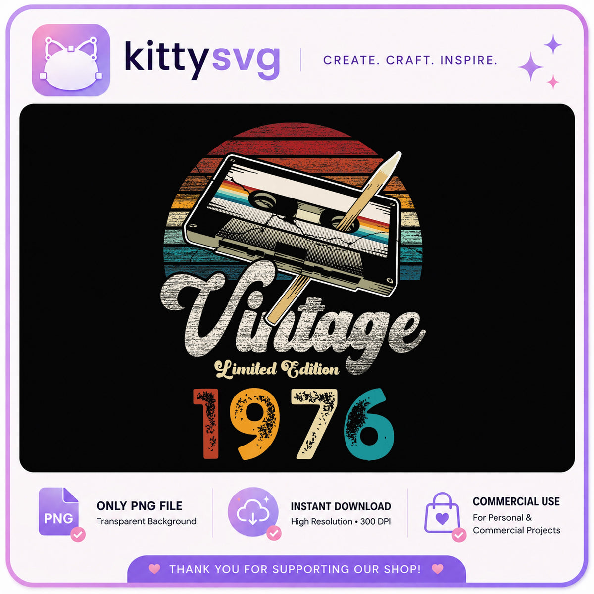 Vintage 1976 Limited Edition PNG, Retro Cassette Tape PNG, Birthday PNG