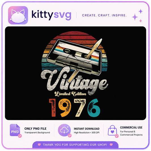 Vintage 1976 Limited Edition PNG, Retro Cassette Tape PNG, Birthday PNG