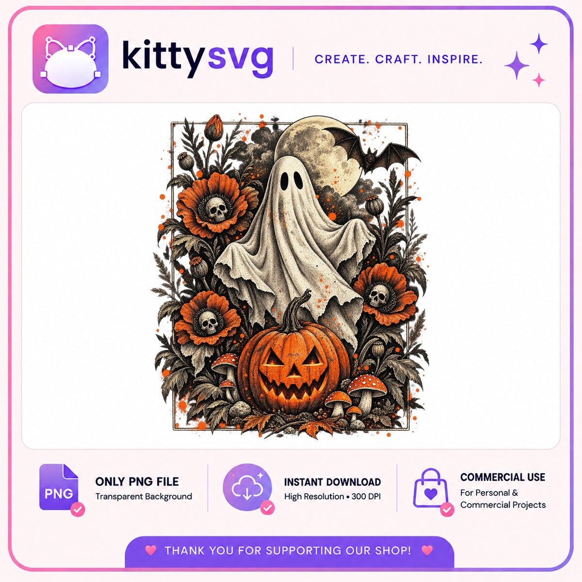 Vintage Halloween Ghost PNG, Floral Pumpkin Halloween PNG, Spooky PNG