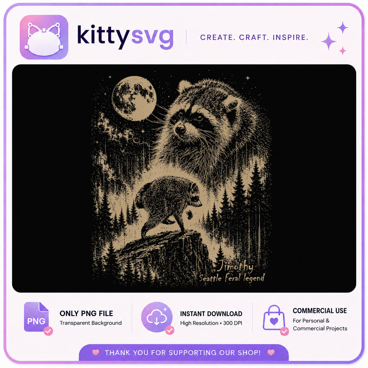 Vintage Raccoon Moon Forest PNG, Feral Raccoon PNG, Wildlife PNG