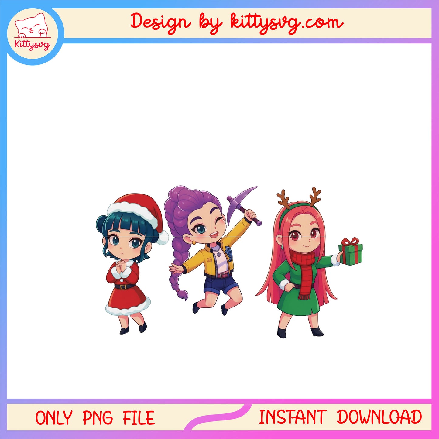 Vintage chibi huntrix kpop hunters xmas png, happy x'mas png