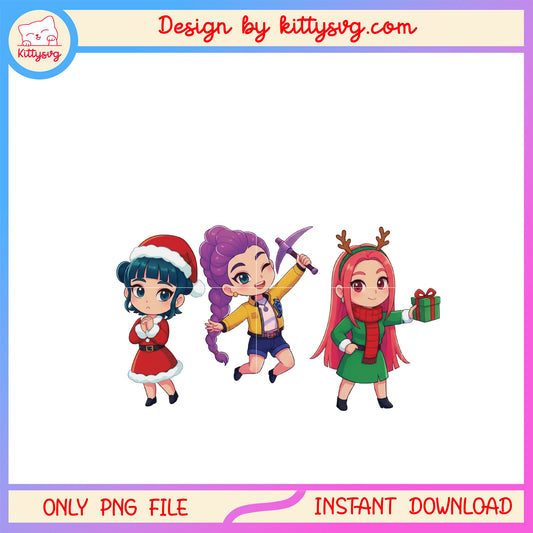 Vintage chibi huntrix kpop hunters xmas png, happy x'mas png