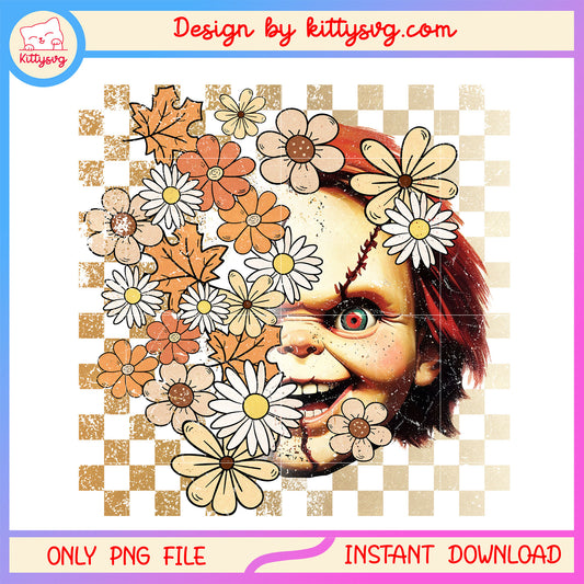 Vintage floral chucky horror face png, horror characters png, child's play png