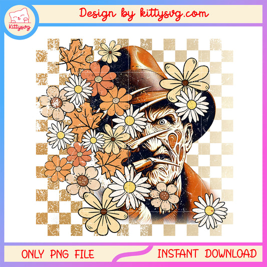 Vintage floral freaddy krueger face png, horror characters png, horror halloween png