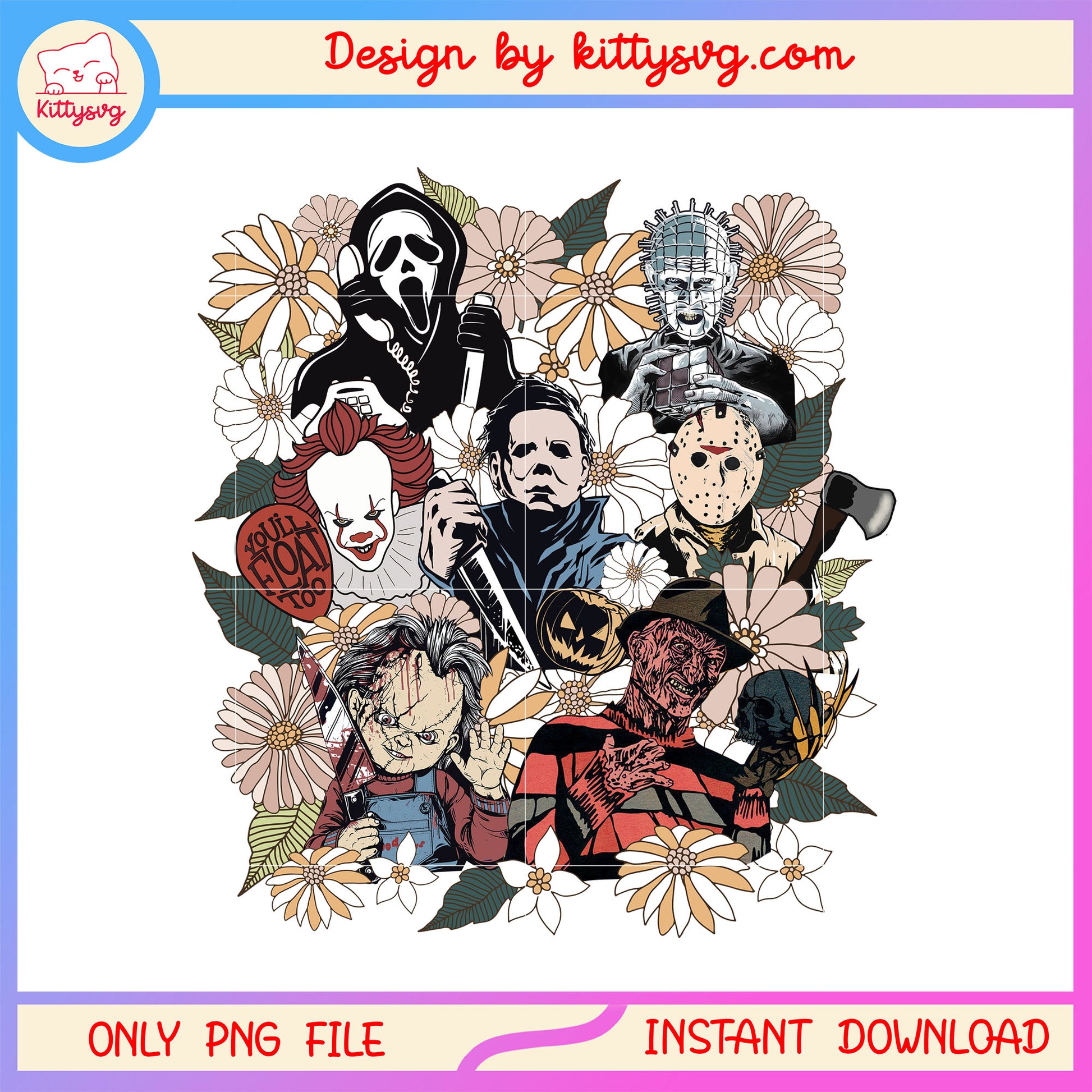 Vintage floral halloween characters design png, horror characters png
