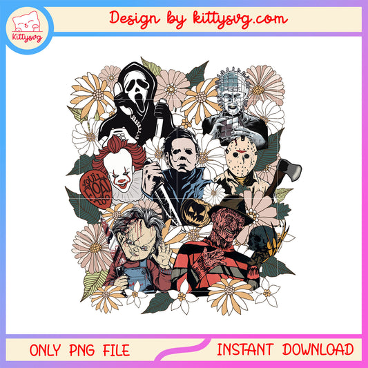 Vintage floral halloween characters design png, horror characters png