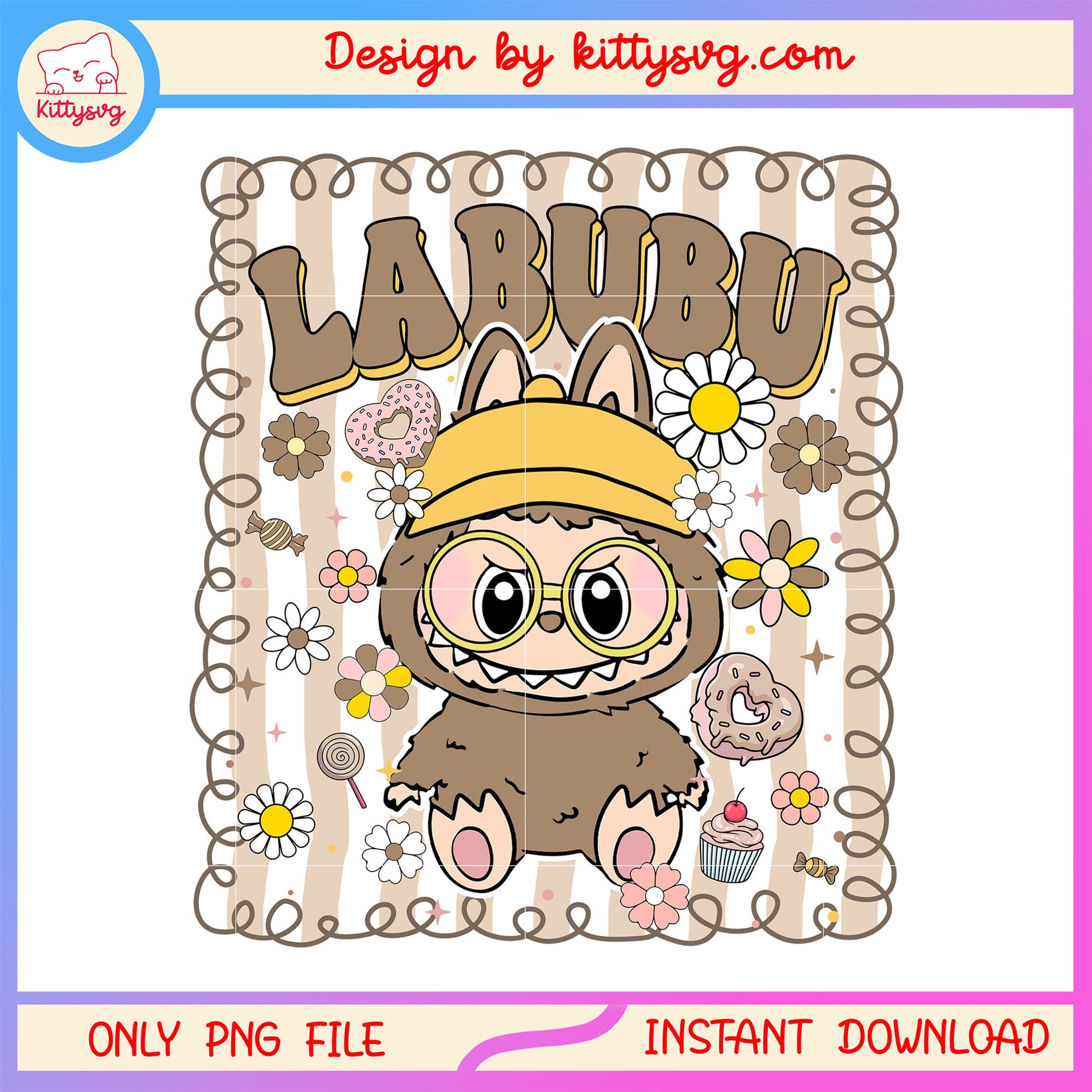 Vintage flower labubu cute doll frame design png, labubu cartoon png