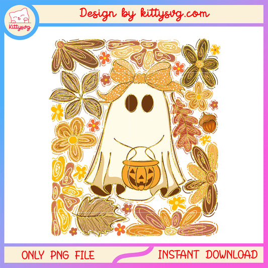 Vintage ghost and pumpkin png, autumn falls png, halloween vibes png