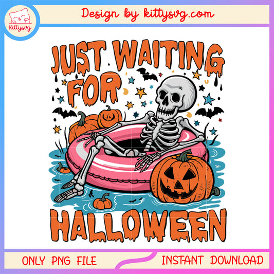 Vintage just waiting for halloween png, skeleton png, vintage png