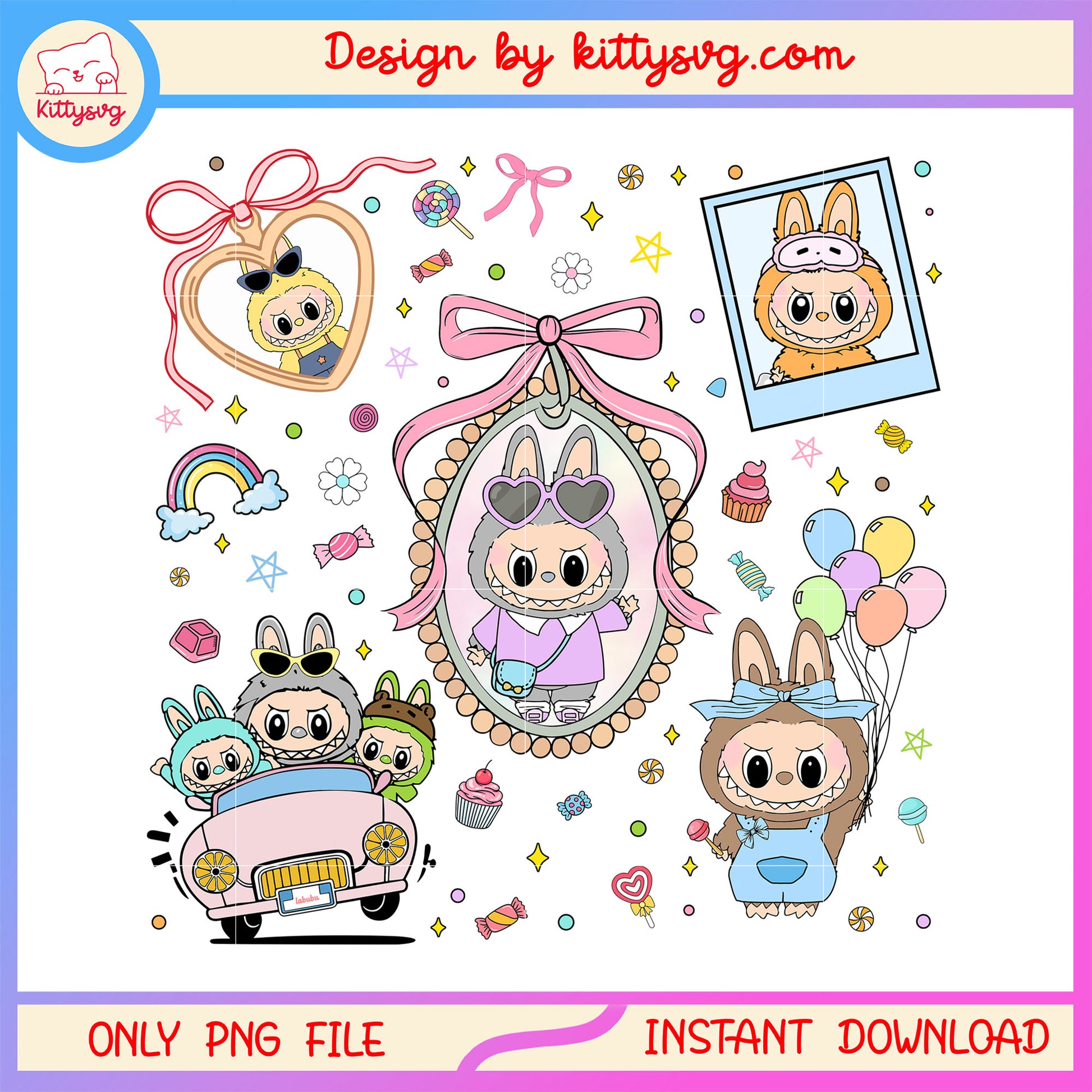 Vintage labubu coquette ribbon picture design png, labubu outfits png