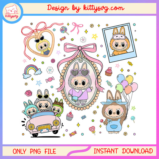 Vintage labubu coquette ribbon picture design png, labubu outfits png