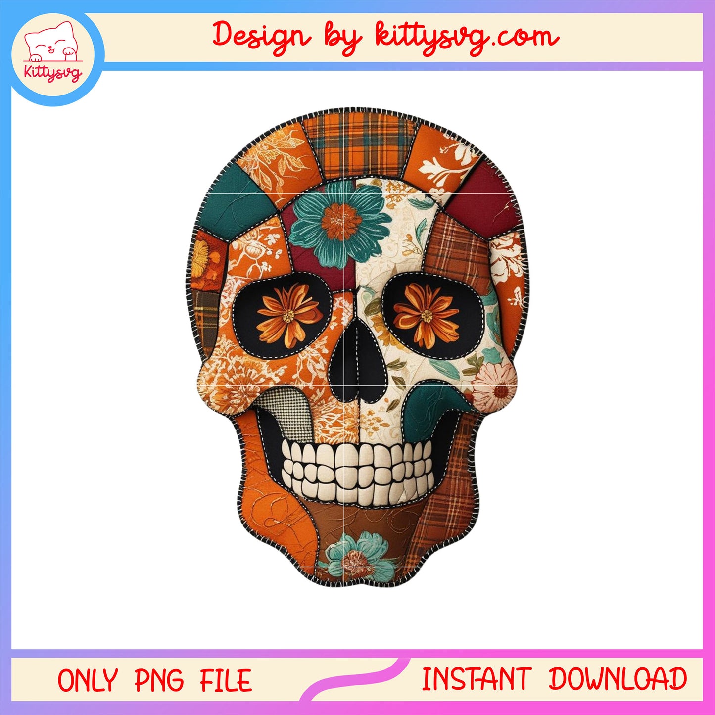 Vintage skull patchwork halloween design png, the skull png