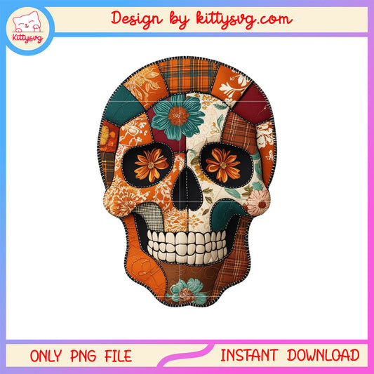 Vintage skull patchwork halloween design png, the skull png