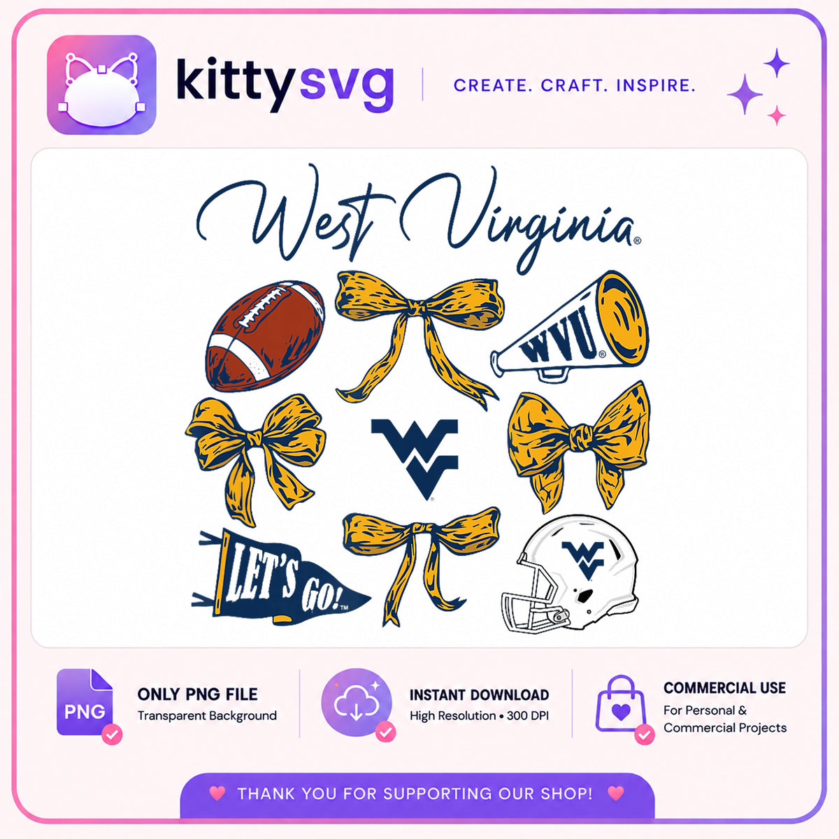 West Virginia WVU Football PNG, Coquette Bow PNG, Game Day PNG