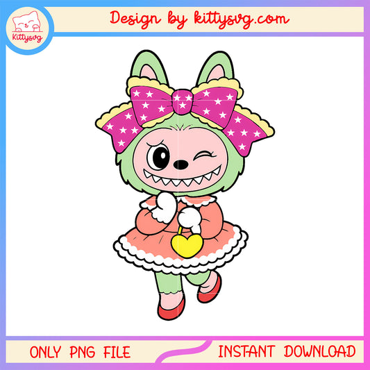 Winking bow girl labubu monster design png, green labubu png