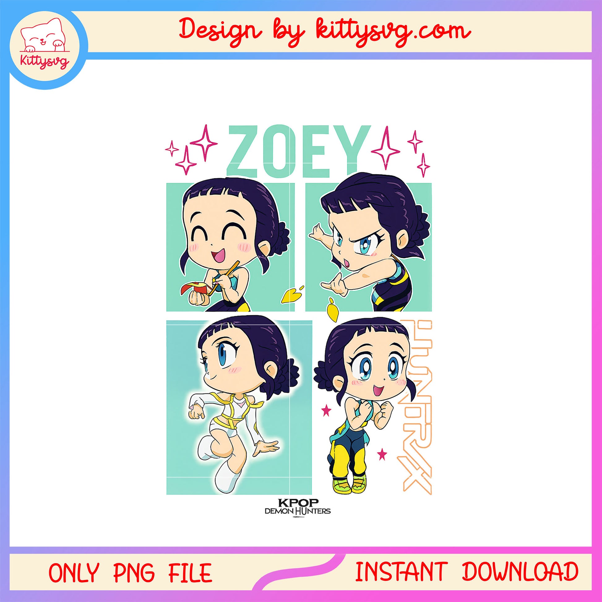 Zoey kpop demon hunters chibi design png, zoey characters png