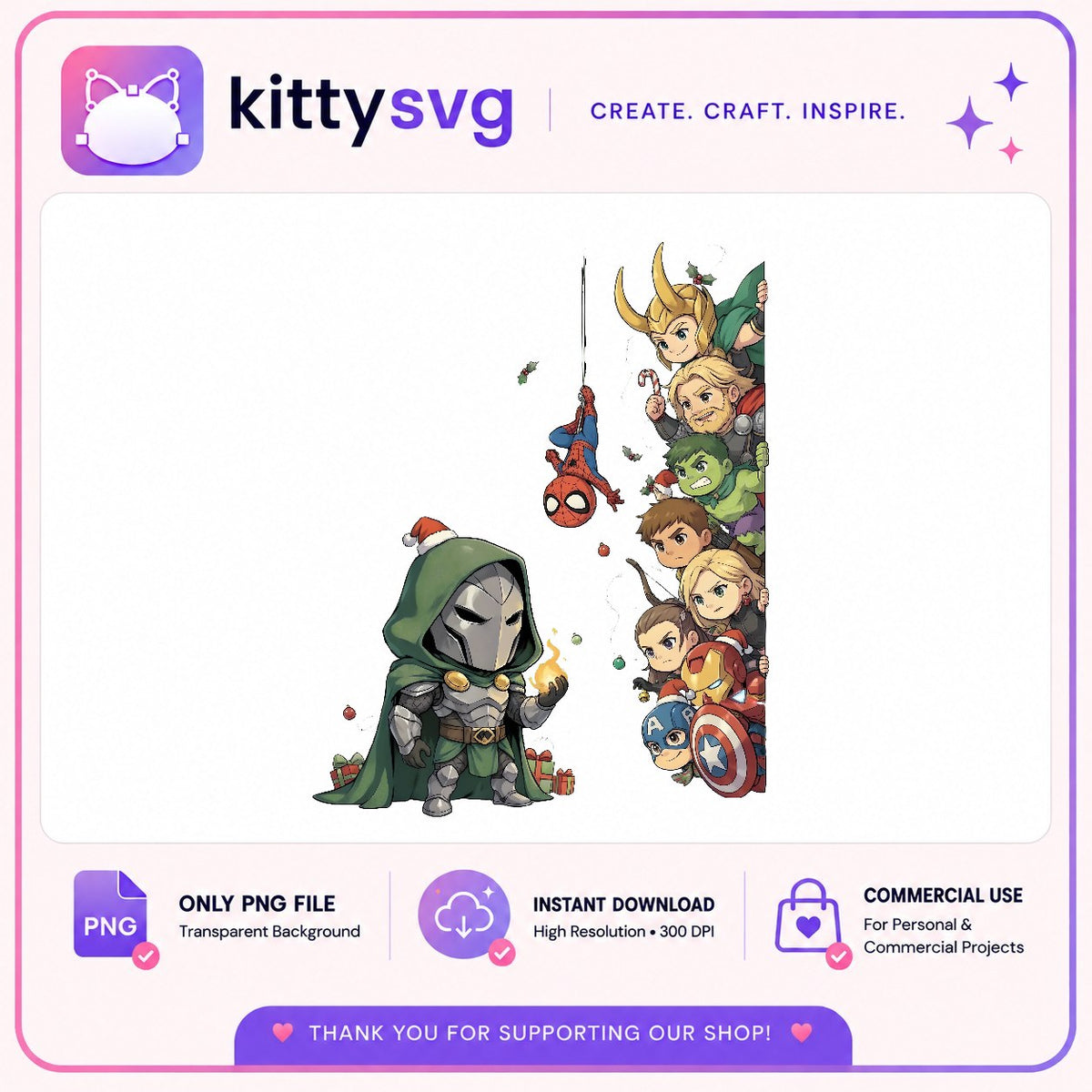 Doctor Doom Christmas Peek PNG, Chibi Avengers PNG, Santa Hat Doom PNG