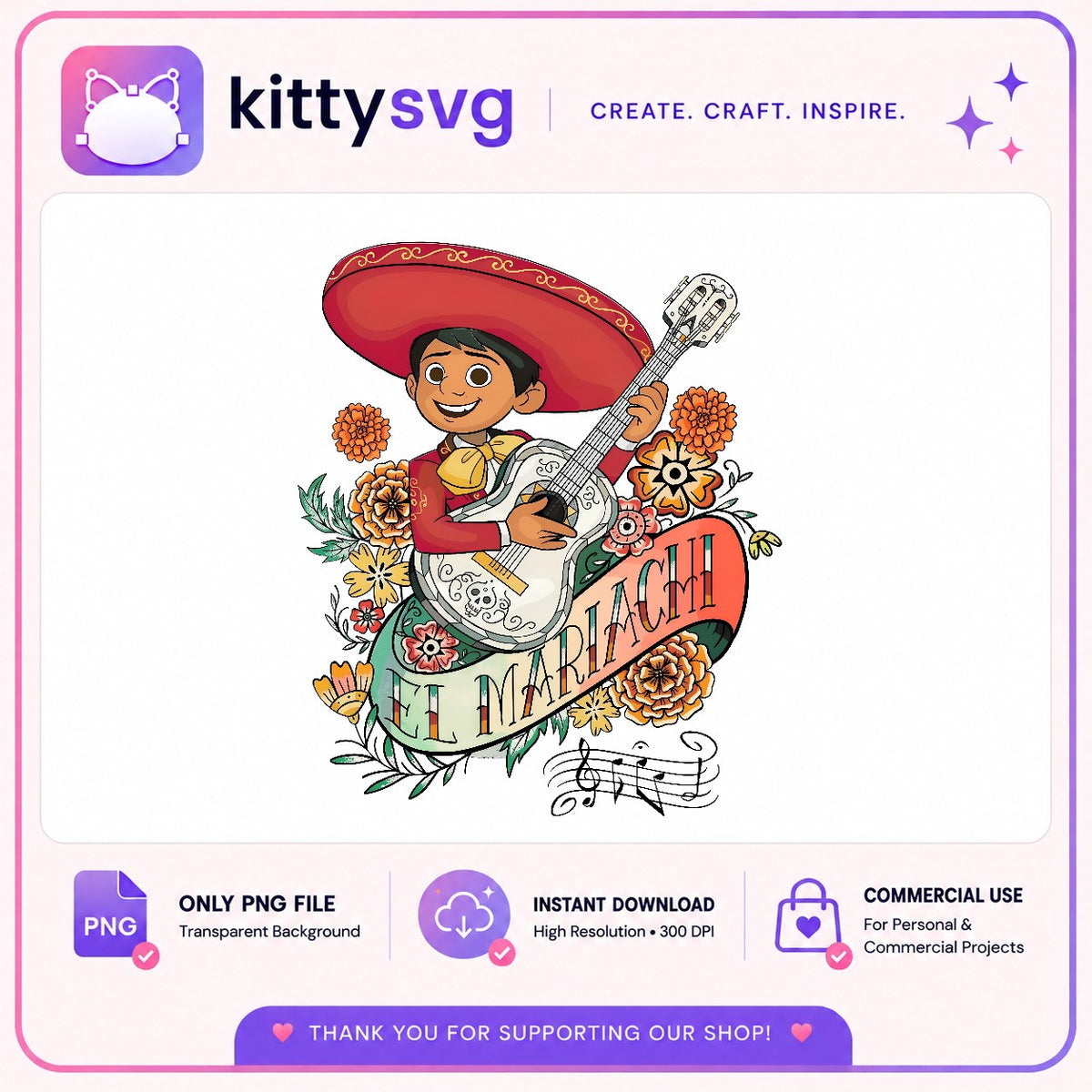 El Mariachi Miguel PNG, Coco Guitar PNG, Marigold Banner PNG