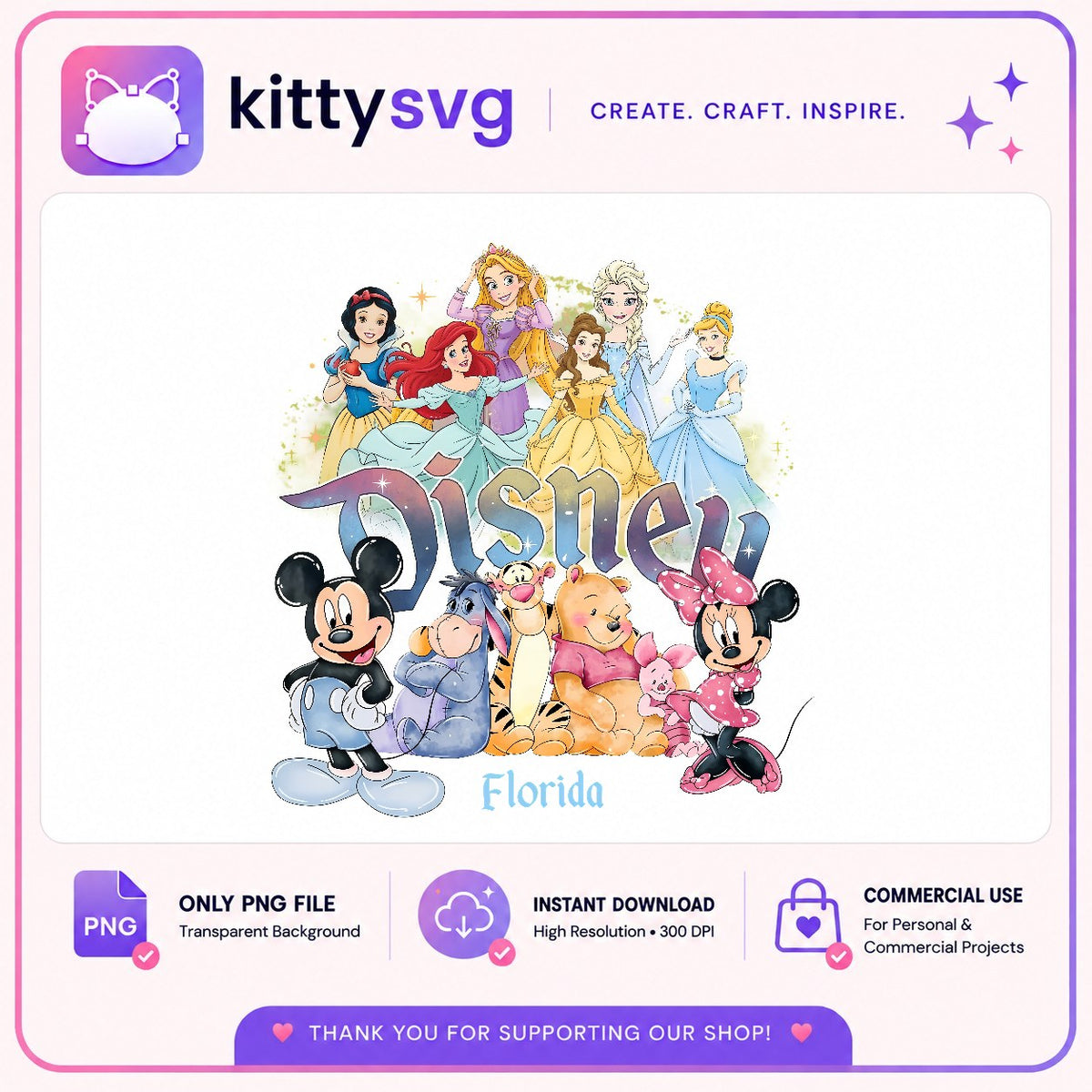 Disney Florida Princesses Friends PNG, Mickey Pooh PNG, Vacation PNG