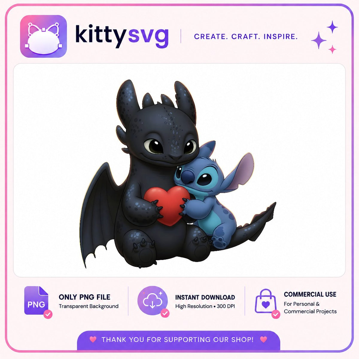 Toothless Hugging Stitch Heart PNG, Best Friends PNG, Valentine PNG